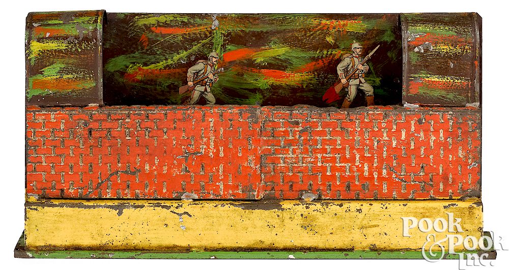 Appraisal: Soldiers on attack steam toy accessory Unusual painted and lithographed