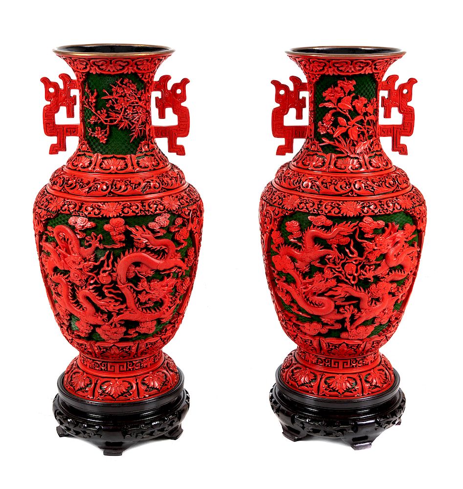 Appraisal: A Pair of Large Chinese Carved Red Lacquer Vases and