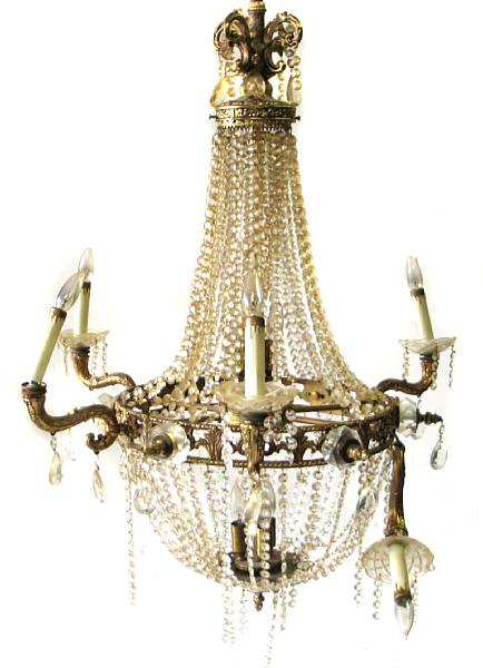 Appraisal: A gilt metal and cut glass chandelier damage to arm