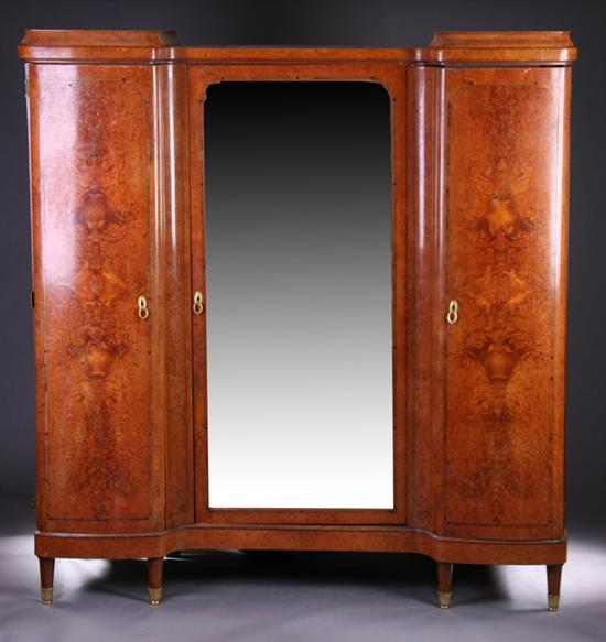 Appraisal: FRENCH ART DECO BURL-WOOD THREE-DOOR ARMOIRE Circa probably by Large