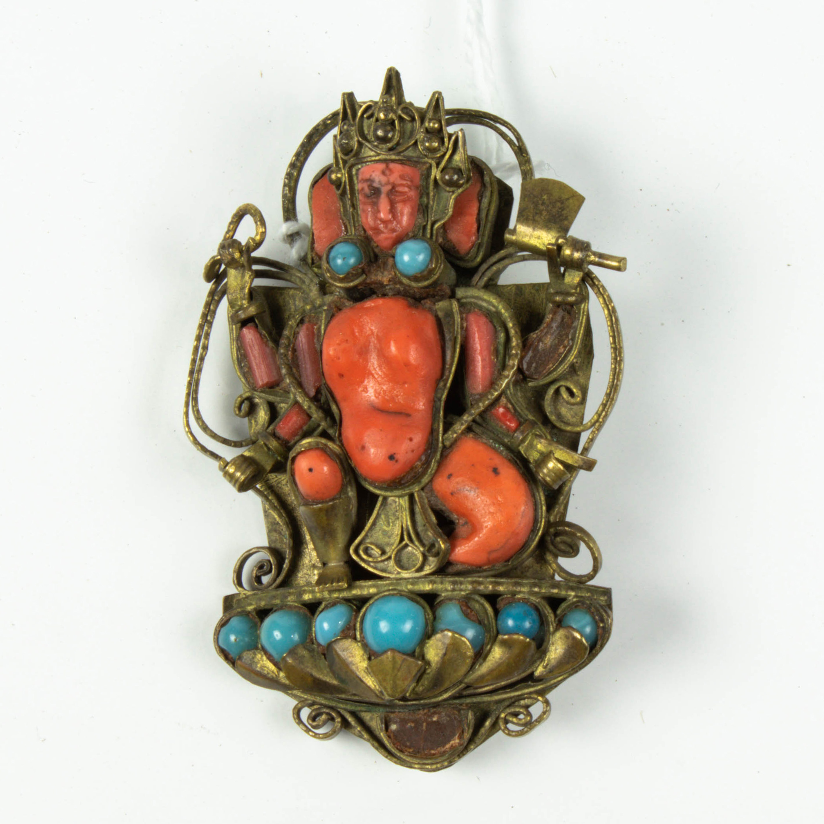 Appraisal: TIBETAN HARDSTONE INLAID BUDDHIST FIGURE PIN Tibetan hardstone inlaid Buddhist