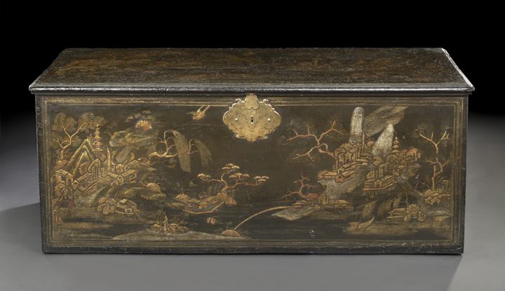 Appraisal: English Black Lacquered and Chinoiserie Coffer th century the hinged