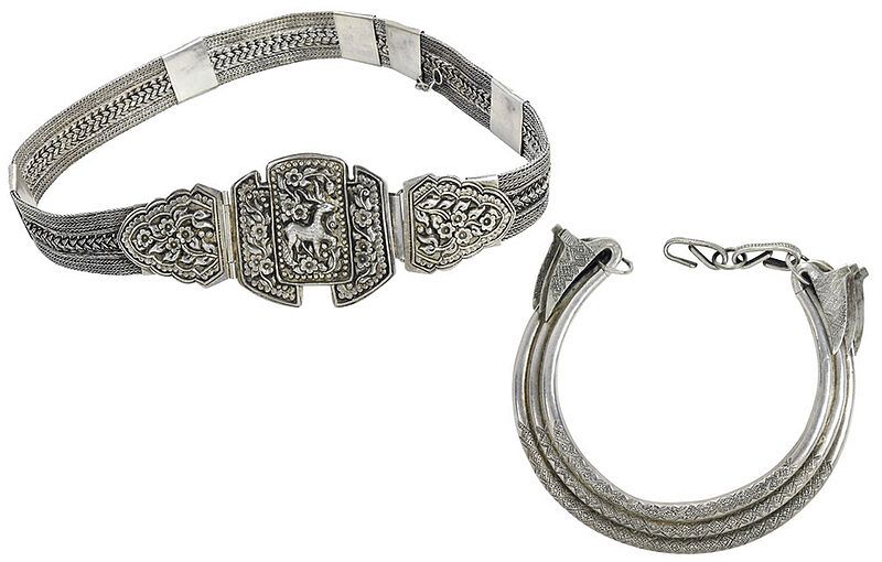 Appraisal: Persian Silver Belt and Necklace th century woven belt with