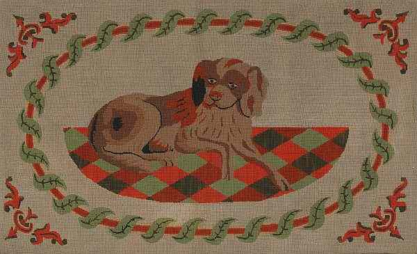 Appraisal: American hooked rug with a spaniel th c x