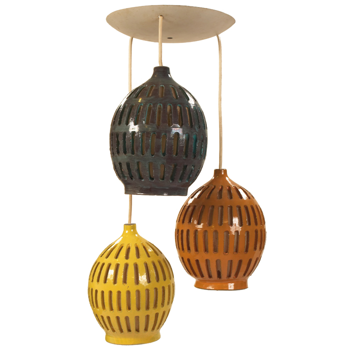 Appraisal: s hanging lamp three stoneware shades with piercings in yellow