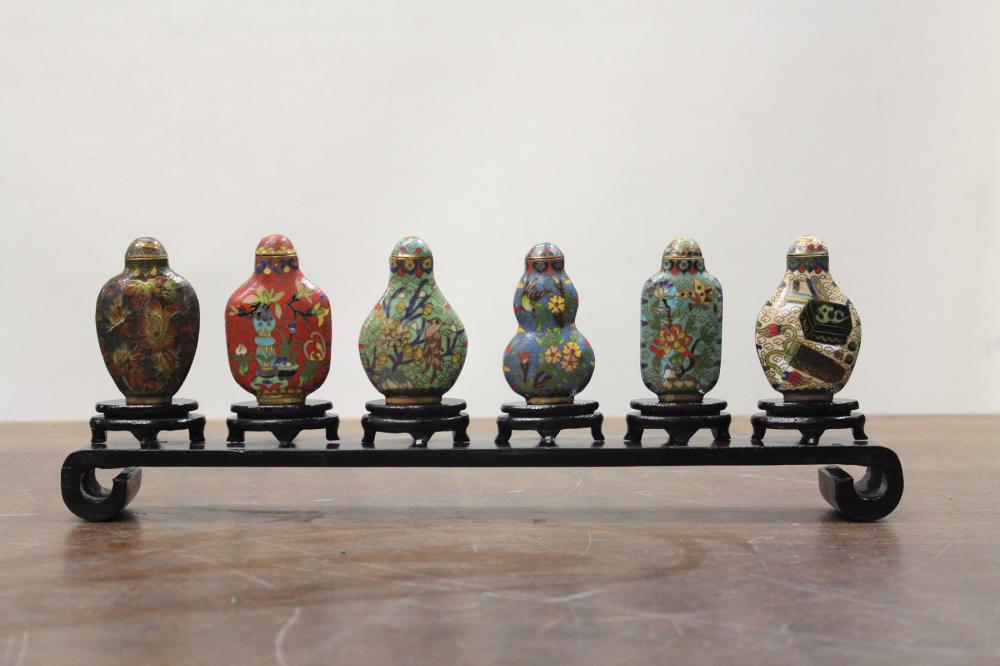 Appraisal: A CASED SET OF SIX CHINESE CLOISONNE SNUFF BOTTLES each