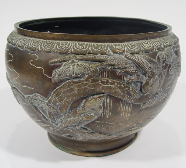 Appraisal: Oriental brass jardiniere cast with birds amongst peony leaves cm