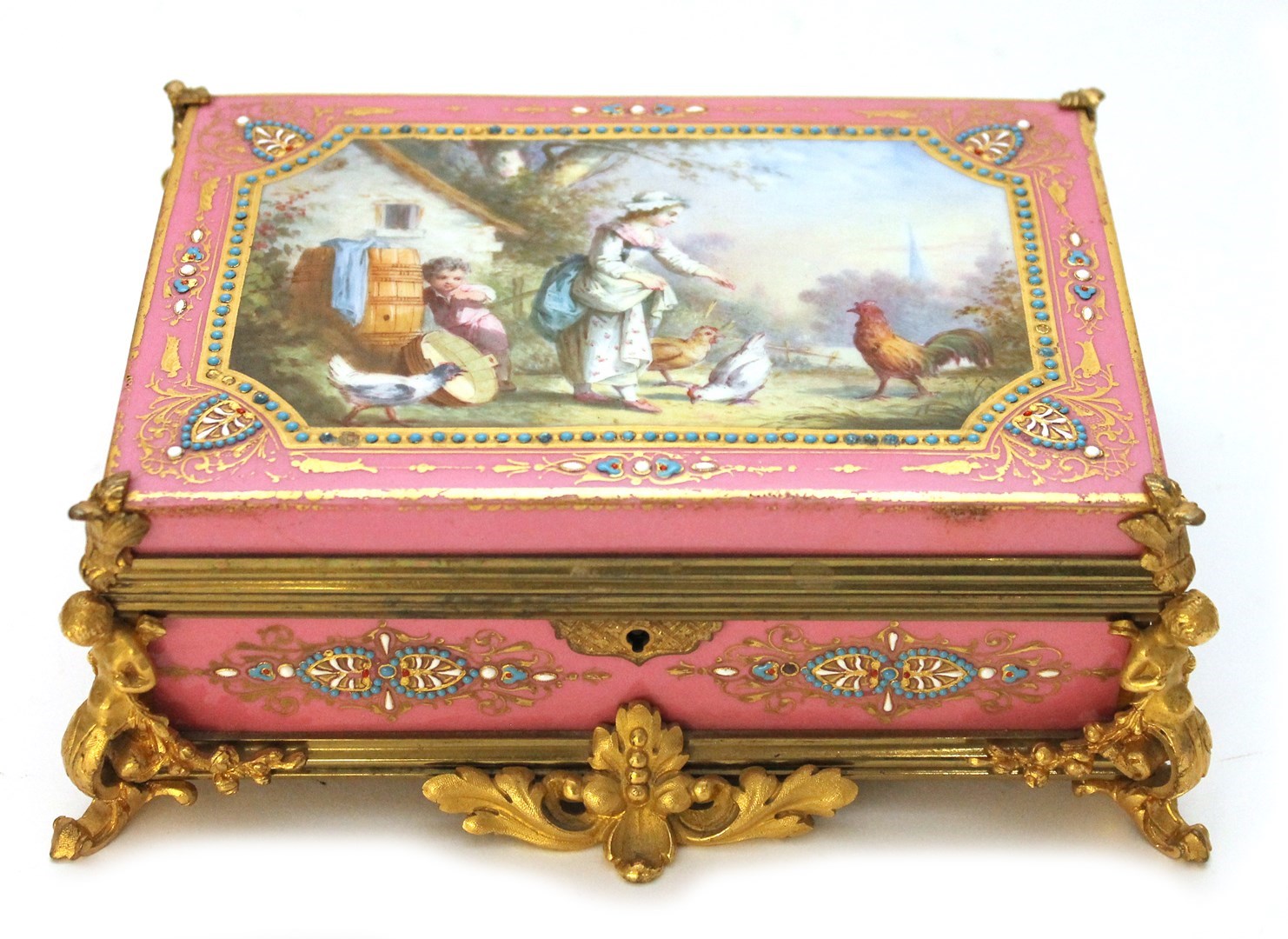 Appraisal: A French gilt bronze mounted pink Sevres style porcelain casket