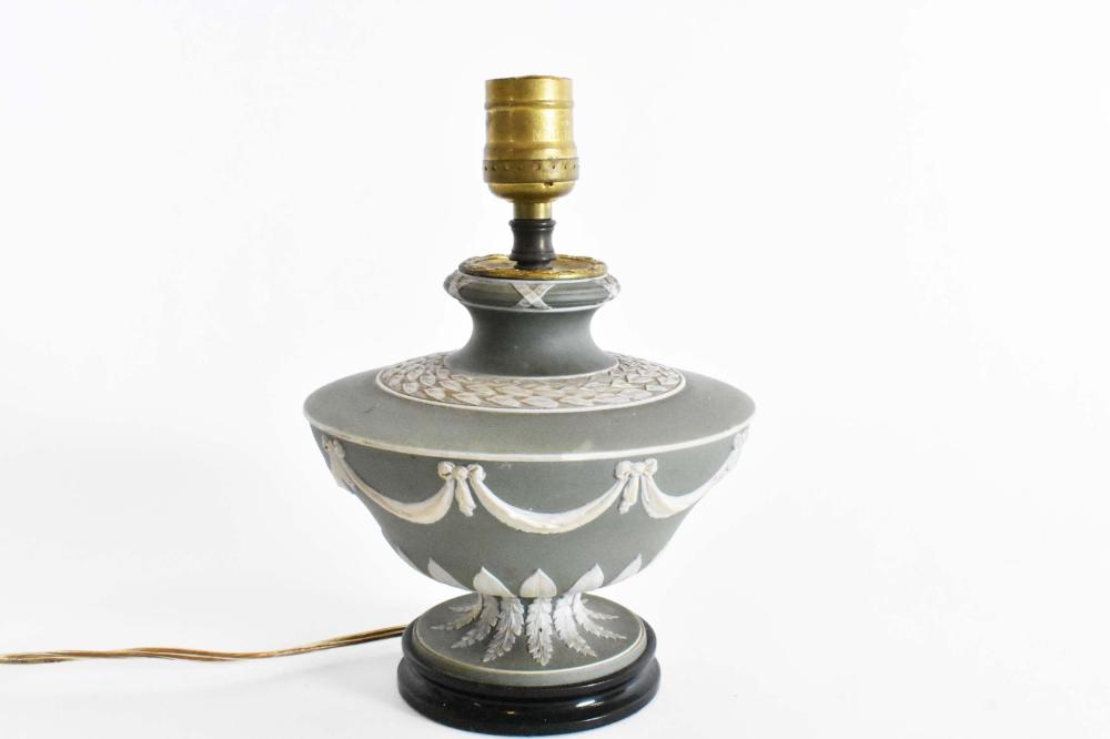 Appraisal: WEDGWOOD GREEN WHITE JASPERWARE URN TABLE LAMPWith neoclassical motifs drilled