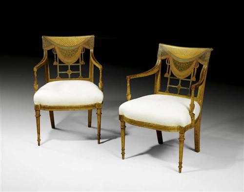 Appraisal: PAIR OF PAINTED FAUTEUILS George III in the style of