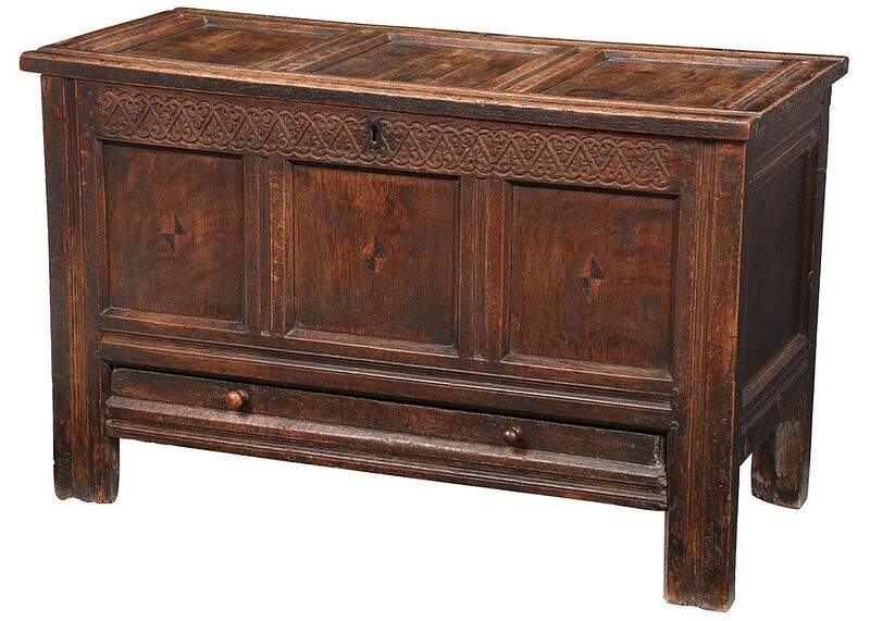 Appraisal: Charles II Carved Inlaid Oak Lift Top Chest British th