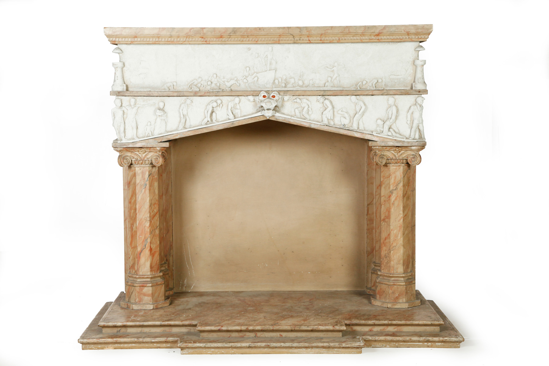 Appraisal: DECORATED FIREPLACE MANTEL AND SURROUND Twentieth century wood and plaster