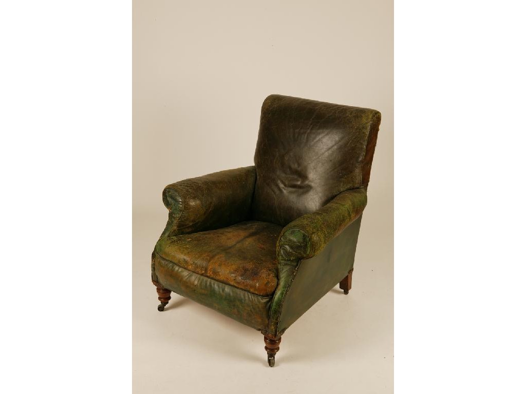 Appraisal: A VICTORIAN GREEN LEATHER CLUB CHAIR with outscroll arms and