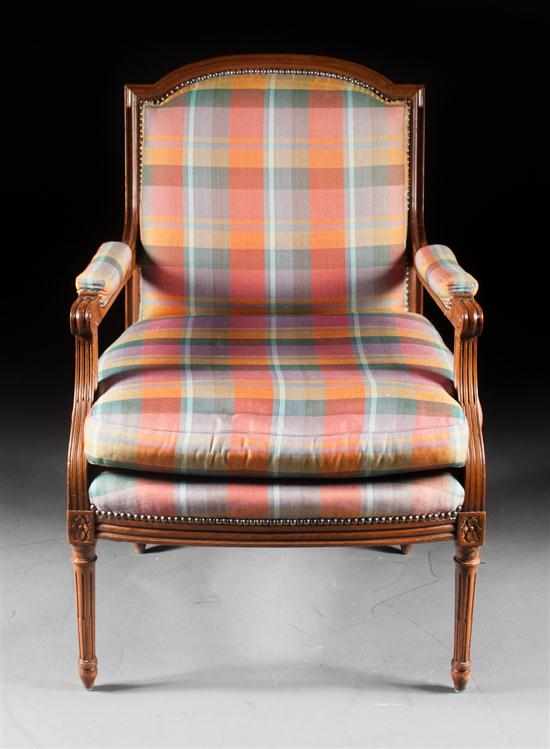 Appraisal: Louis XVI style walnut upholstered fauteuil plaid upholstered in H