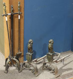 Appraisal: lot of Continental patinated bronze mounted fireplace set lot of