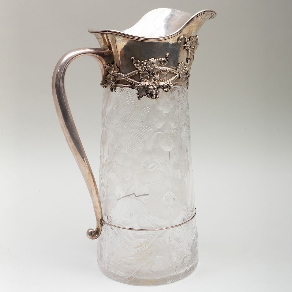 Appraisal: Large Tiffany Co Silver Mounted Engraved Glass Jug Large Tiffany