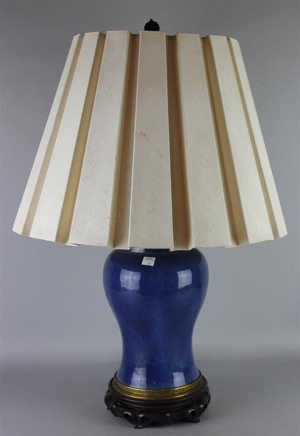 Appraisal: CHINESE POWDER BLUE VASE MOUNTED AS TABLE LAMP the high