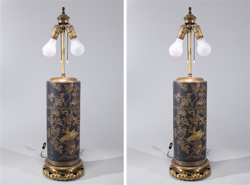 Appraisal: Two gilt lacquer style lamps with bird and flowering trees