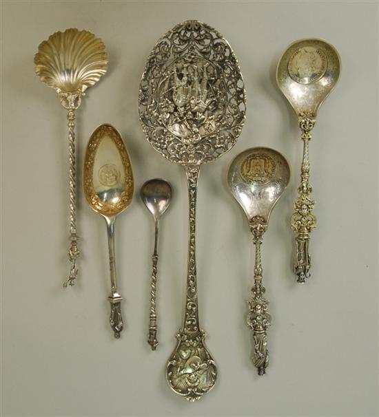 Appraisal: FIVE EUROPEAN SILVER APOSTLE SPOONS and a LARGE DUTCH SILVER