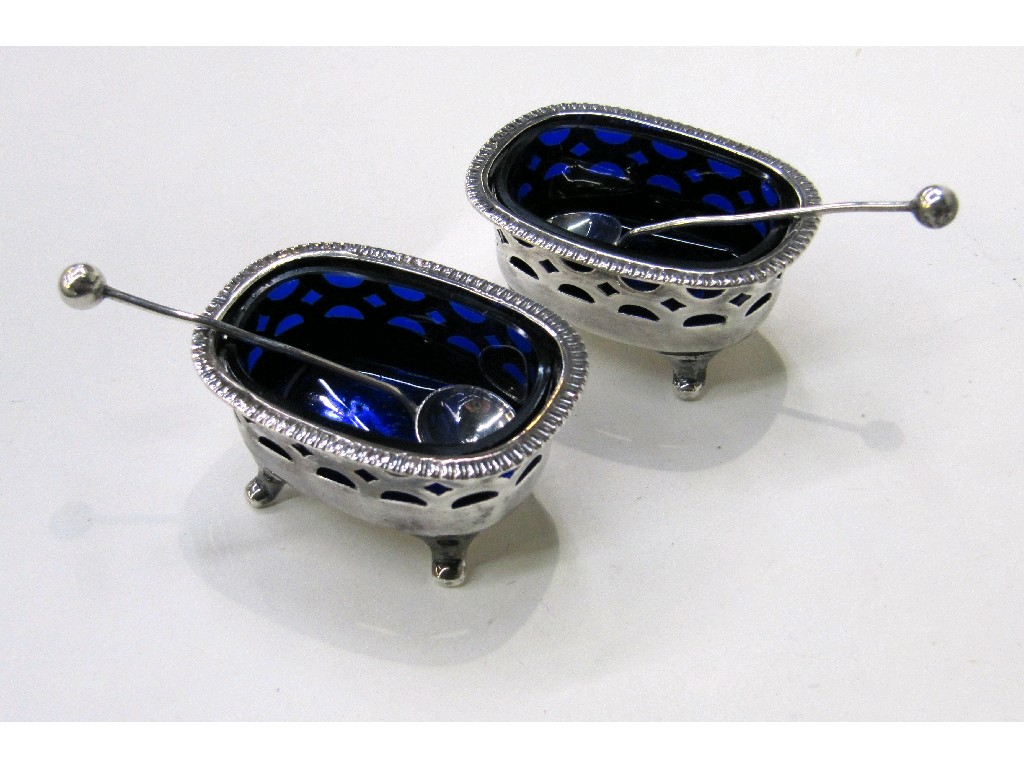 Appraisal: Pair of silver salts with blue glass liner Birmingham