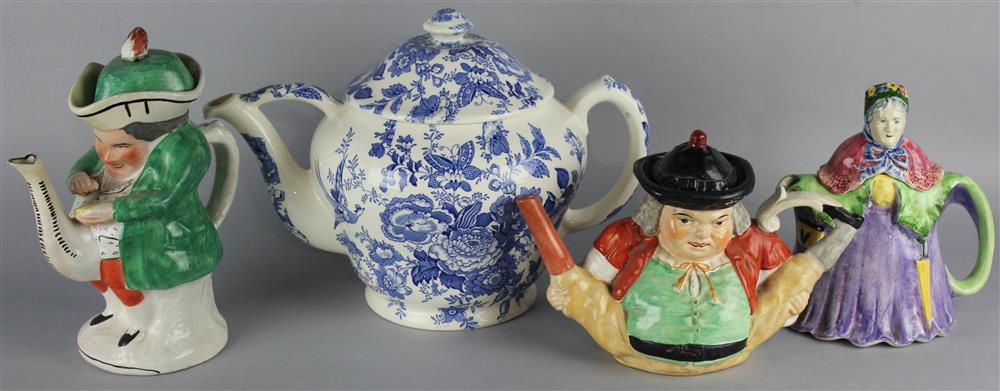 Appraisal: THREE ENGLISH CHARACTER POTS AND A MALING BLUE AND WHITE