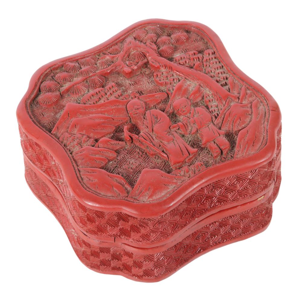 Appraisal: CHINESE CINNABAR CARVED BOX WITH CARVED ELDER AND YOUNG BOY