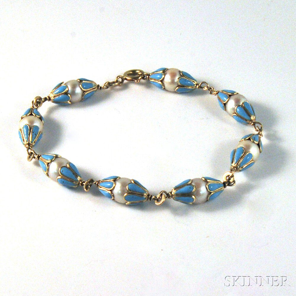 Appraisal: kt Gold Cultured Pearl and Enamel Bracelet each cultured pearl