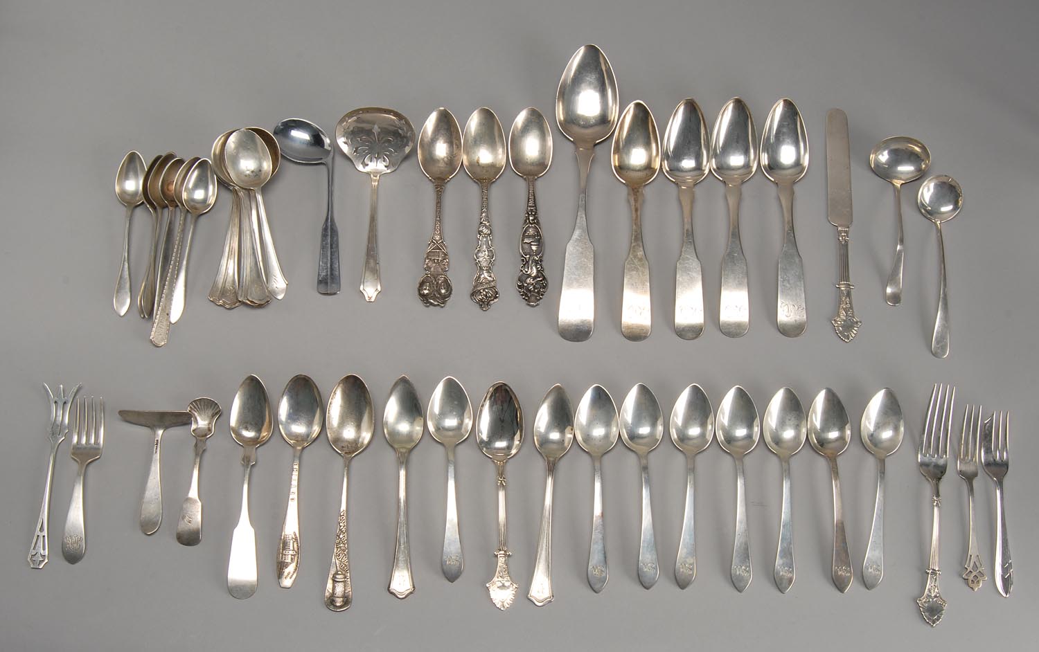 Appraisal: FORTY-FIVE PIECES OF STERLING AND COIN SILVER FLATWARE By various