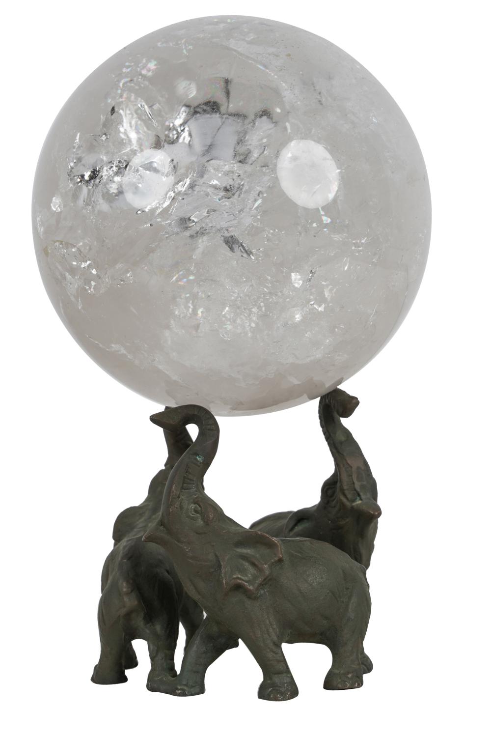 Appraisal: ROCK CRYSTAL SPHEREset atop metal elephant-form base inches diameter inches