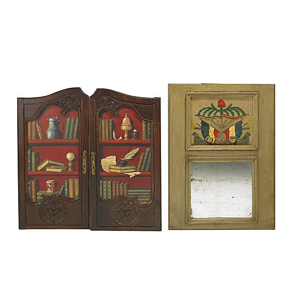 Appraisal: TRUMEAU MIRRORReverse-painted topTogether with a pair of armoire doors decorated