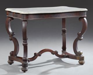 Appraisal: American Rococo Revival Mahogany Marble Turtle Top Center Table th