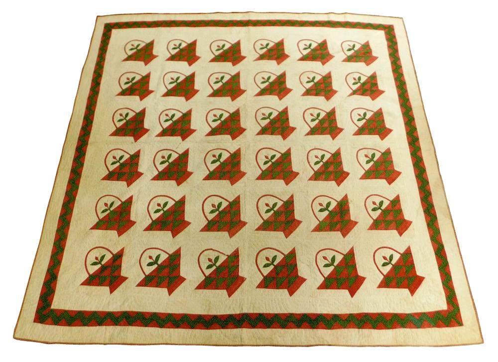 Appraisal: Needlework quilt with basket applique design total of thirty-six baskets