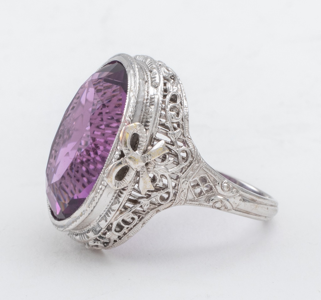 Appraisal: ANTIQUE K WHITE GOLD FILIGREE AMETHYST RING Antique k white