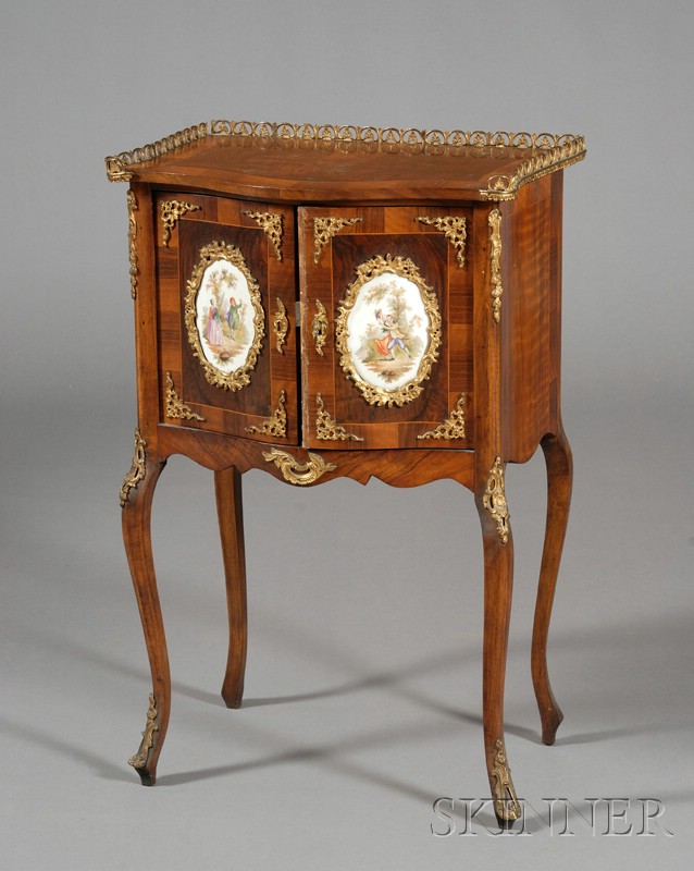 Appraisal: Louis XV Style Brass and Porcelain-mounted Walnut Side Cabinet th