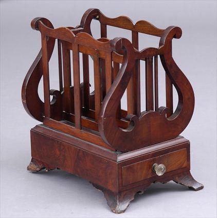 Appraisal: LATE FEDERAL CARVED MAHOGANY THREE-PART CANTERBURY The lyre-form ends joined