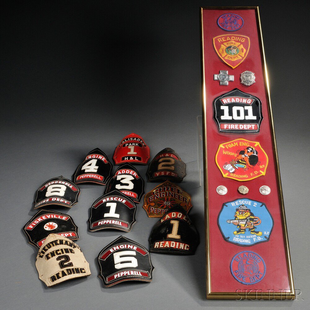 Appraisal: Fire Helmet Plaques Badges and Patches plaques including six from