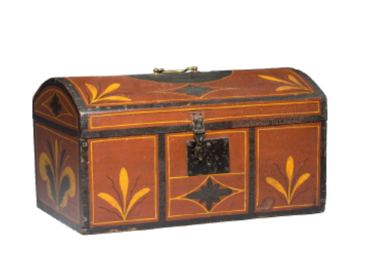 Appraisal: NEW YORK STATE RED-PAINTED DOME-TOP BOX WITH STYLIZED FLORAL AND