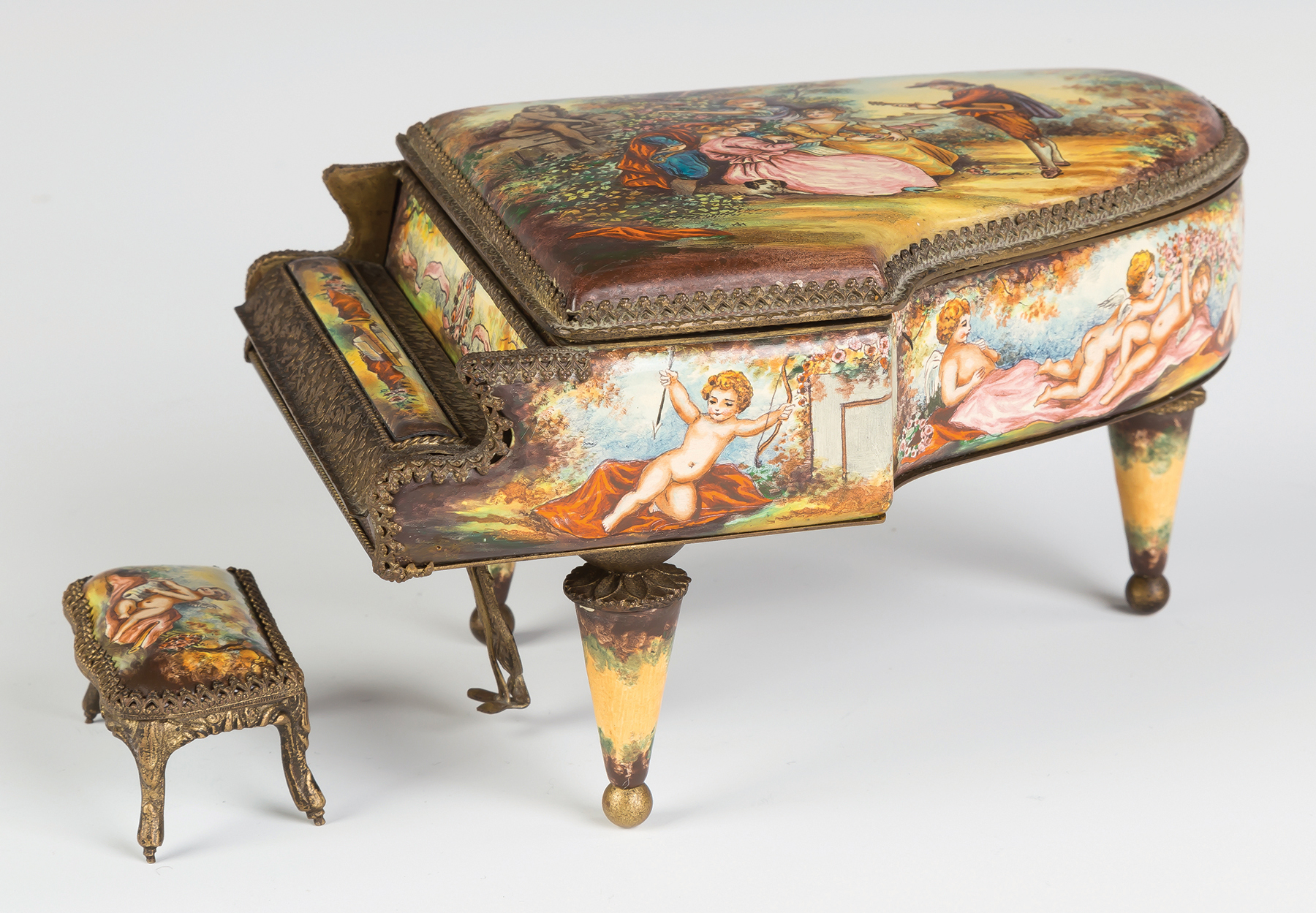 Appraisal: Viennese Musical Enameled Grand Piano and Stool Early th century