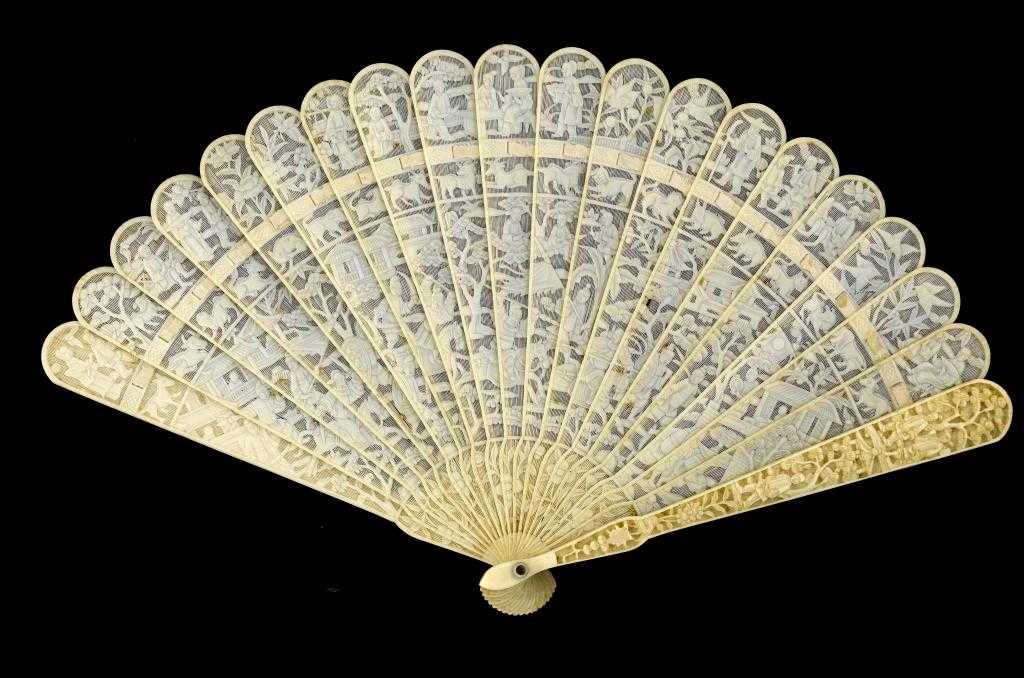 Appraisal: A CANTON IVORY BRIS FAN double sided the sticks carved