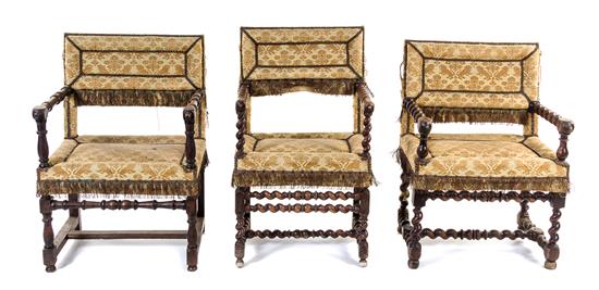 Appraisal: Sale Lot Three Associated Italian Baroque Walnut Armchairs th century