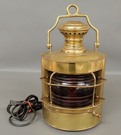 Appraisal: - Brass nautical lantern with red Fresnel glass electrified h