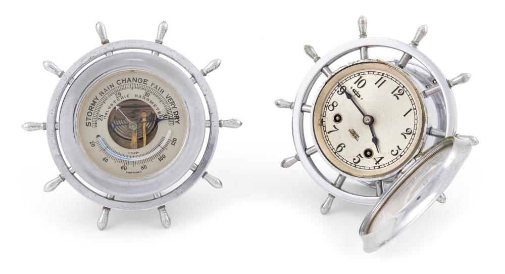 Appraisal: CHELSEA NICKEL-PLATED SHIP'S WHEEL CLOCK AND BAROMETER SET Massachusetts th