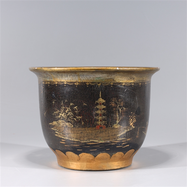 Appraisal: Chinese imitating lacquer porcelain planter with allover figures overall good