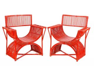 Appraisal: Pair Art Deco Curule Form Rattan Chairs American first half