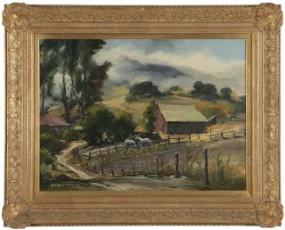 Appraisal: Joshua Meador ''Veiled Morning'' farm scene with horses signed lower