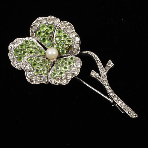 Appraisal: German Sterling Silver Pave Floral Pin Brooch with green stones