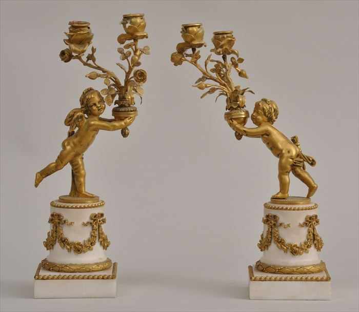 Appraisal: PAIR OF LOUIS XVI-STYLE GILT-BRONZE AND WHITE MARBLE TWO-LIGHT CANDELABRA