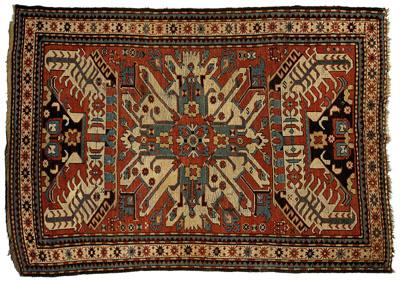 Appraisal: Eagle Kazak rug bold central medallion on brick red field