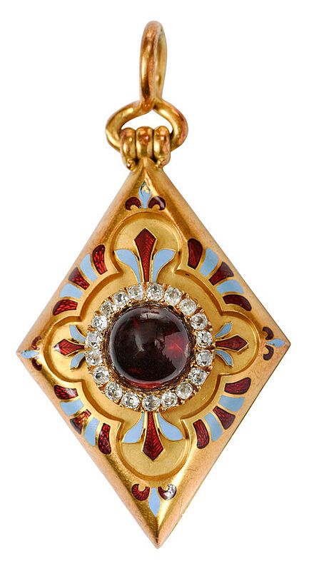 Appraisal: Antique kt Gemstone Enamel Pendant and locket round garnet carbuncle