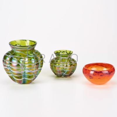 Appraisal: LOETZ SCHNEIDER Two threaded gourd-shaped Loetz vases one small Schneider